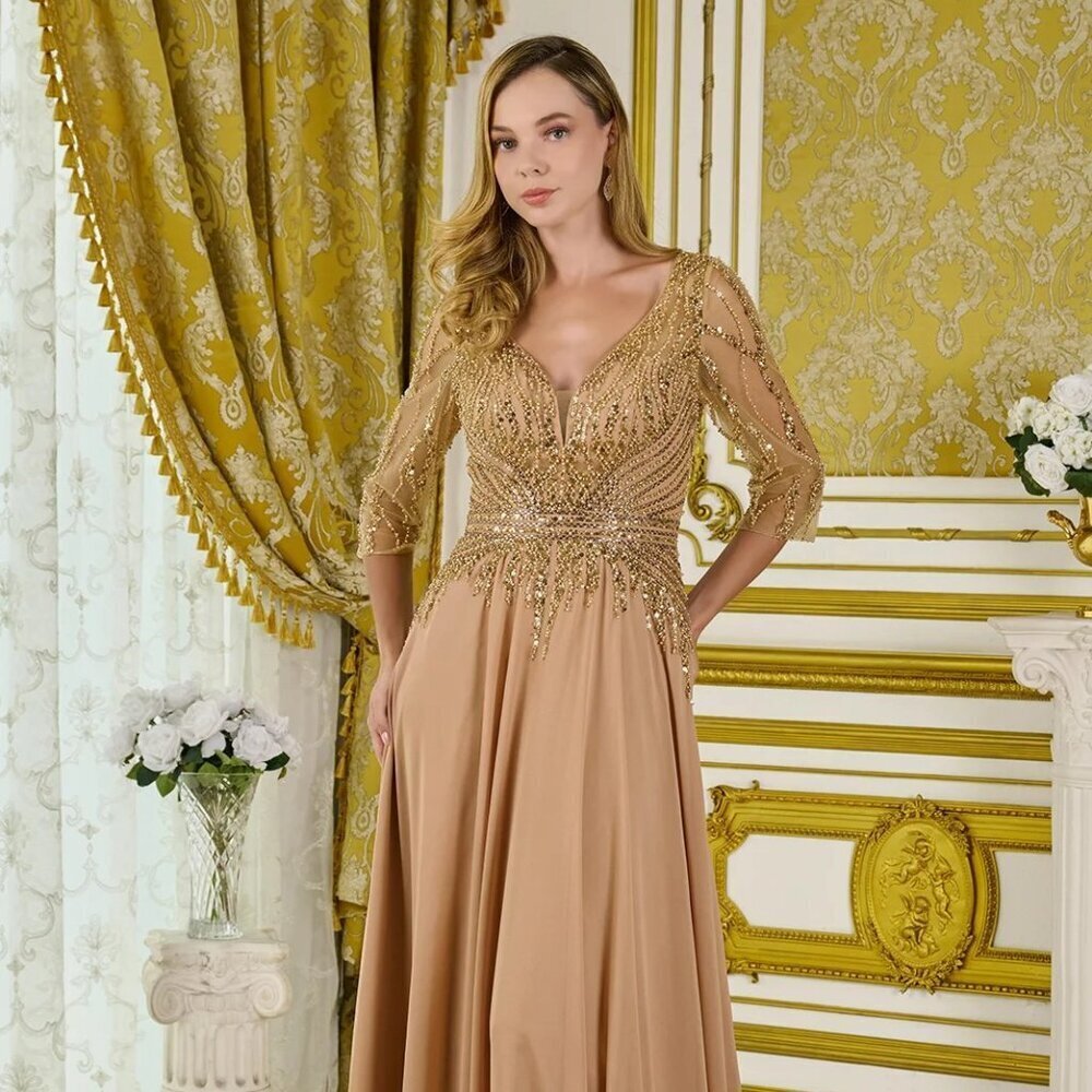 New Gold A-Line Mother Of Bride Chiffon Dress w/ Sheer 3/4 Sleeves GL3796